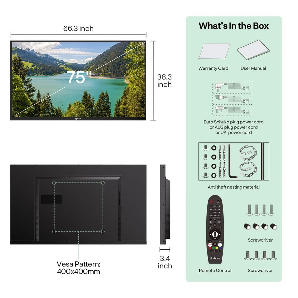 Sylvox OT75B1K4GC 75 Inch 4K Ultra HD LED Partial Sun Outdoor Smart TV