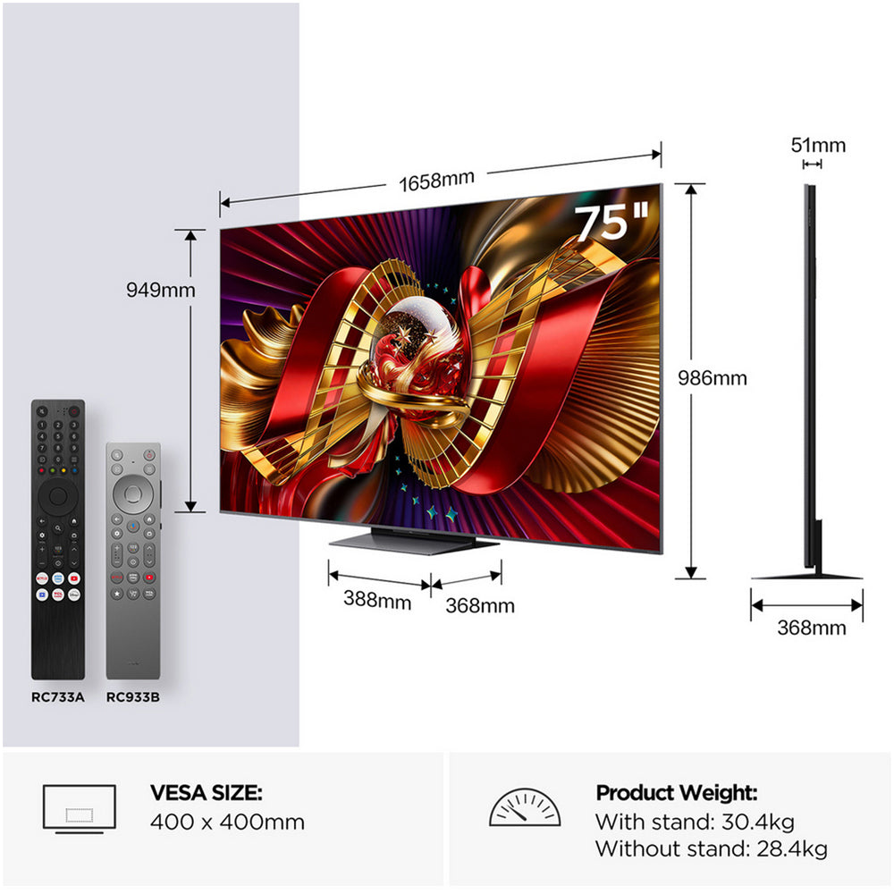 TCL 75C8L-UK 75 Inch C8L 4K Ultra HD HDR Premium SQD-Mini LED Smart Google TV 2026