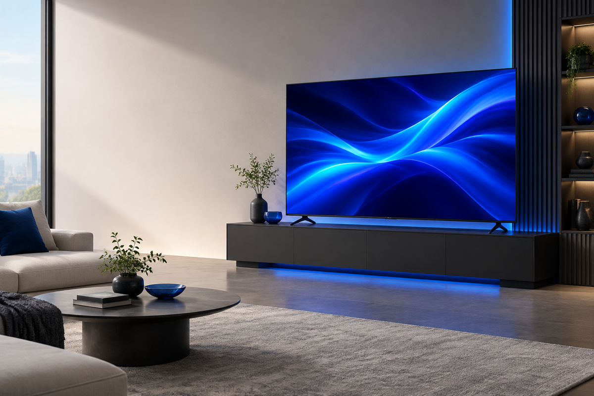 TV banner with blue accents and space for text